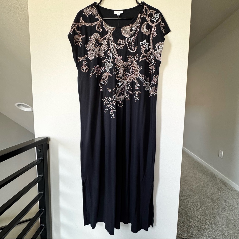 J.jill Cap Sleeve Floral Embroidered Blue cotton Maxi Midi Dress Sz M NWT - Picture 3 of 15